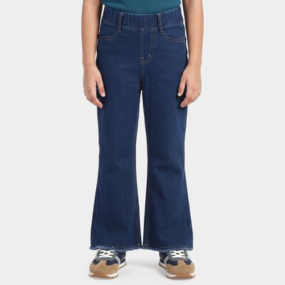 Girls' Navy Blue Flared Fit Frayed Hem Jeans