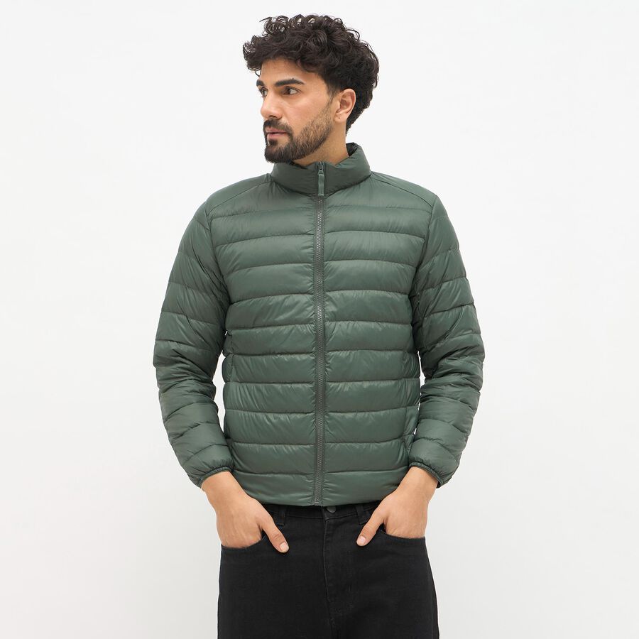 Men's Dark Sage Green High Neck Quilted Puffer Jacket, Dark Green, large image number null