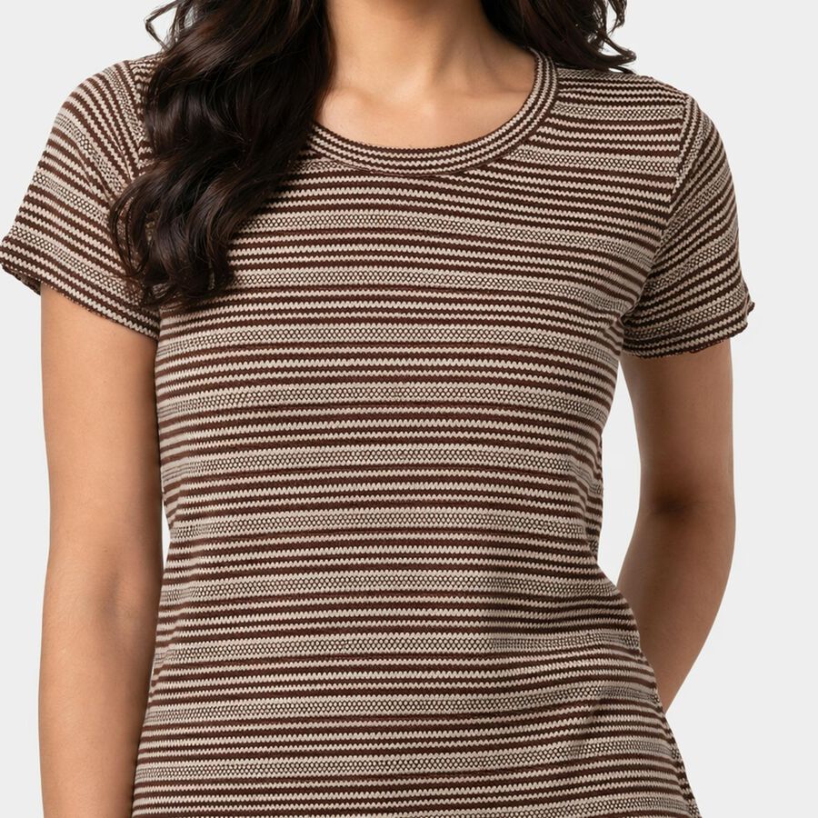 Women's Brown Round Neck Regular T-Shirt, भूरा, large