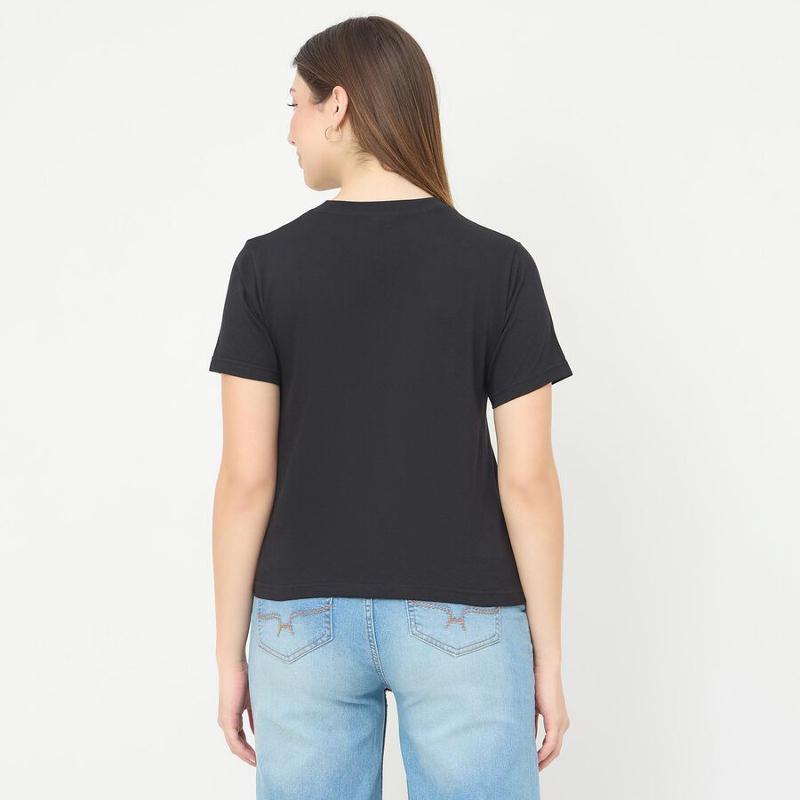 Women's Jet Black Cotton Round Neck Casual T-Shirt, Black, large