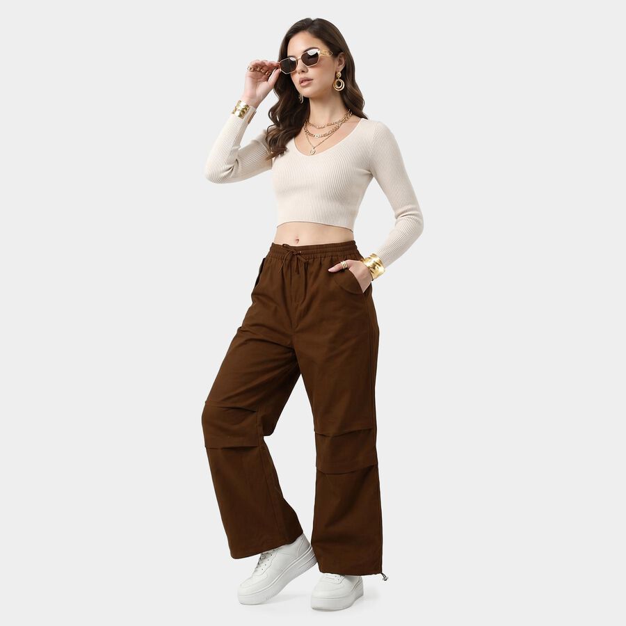 Women's Brown Wide Leg Drawstring Waist Jeans, भूरा, large
