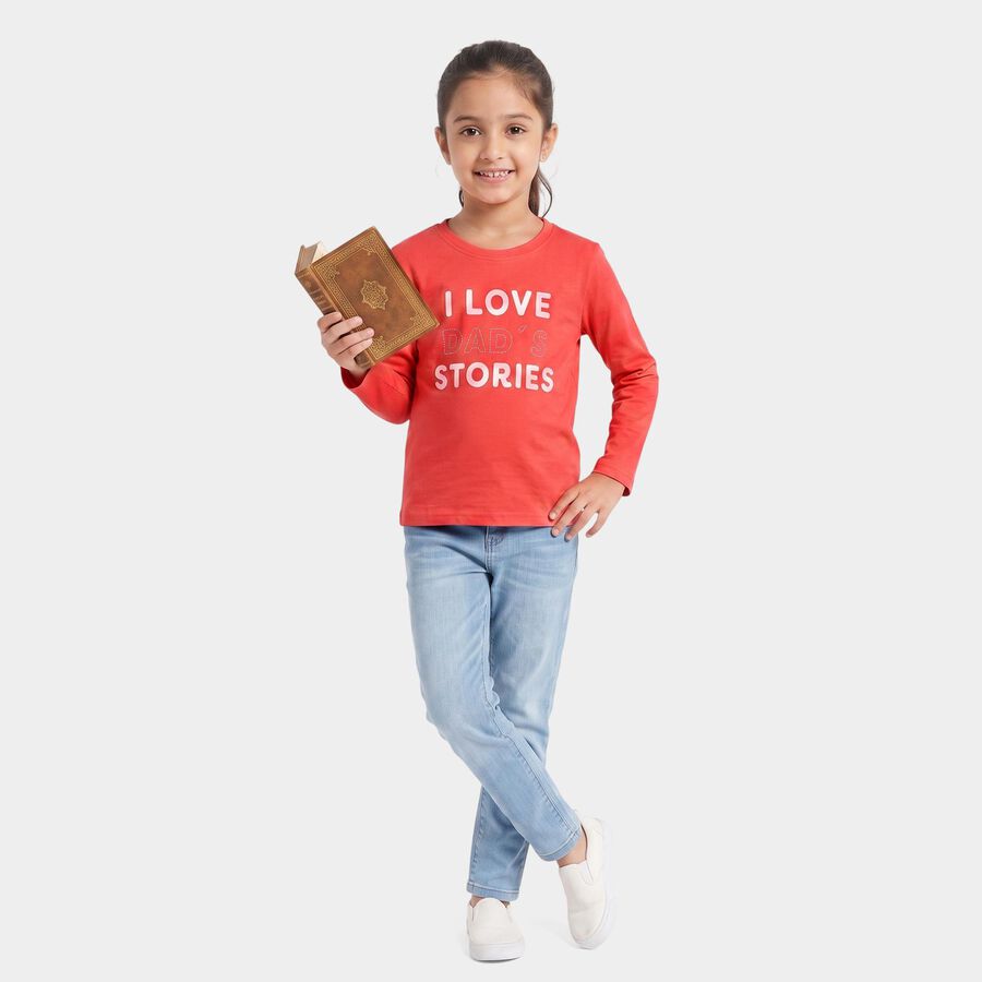 Girls' Coral Round Neck Regular Top, Coral, large