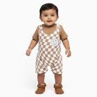 Infants' Beige Cotton Round Neck Checkered Baba Suit, Beige, small