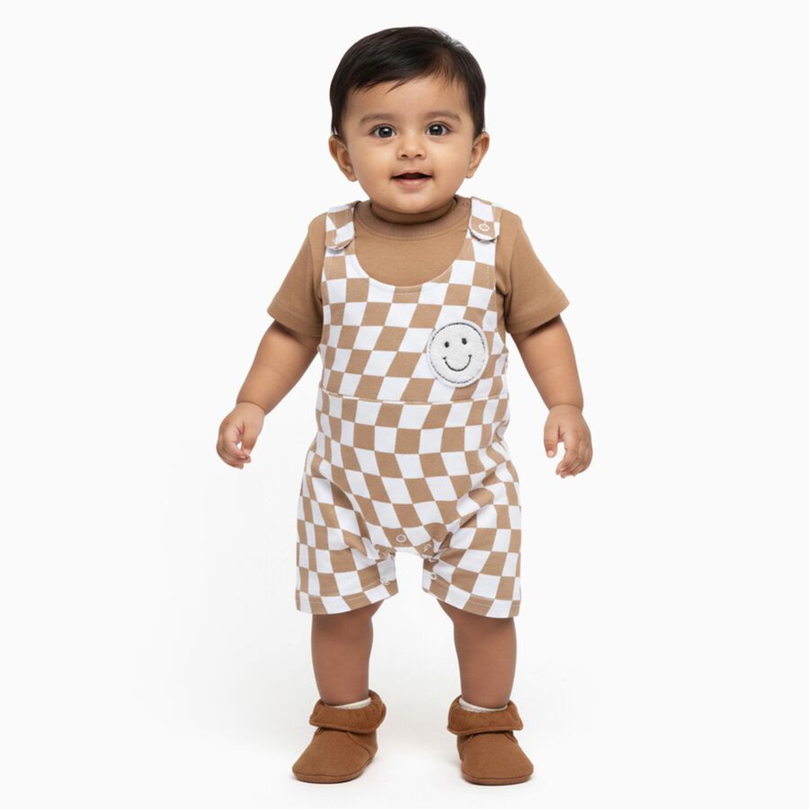 Infants' Beige Cotton Round Neck Checkered Baba Suit, Beige, large
