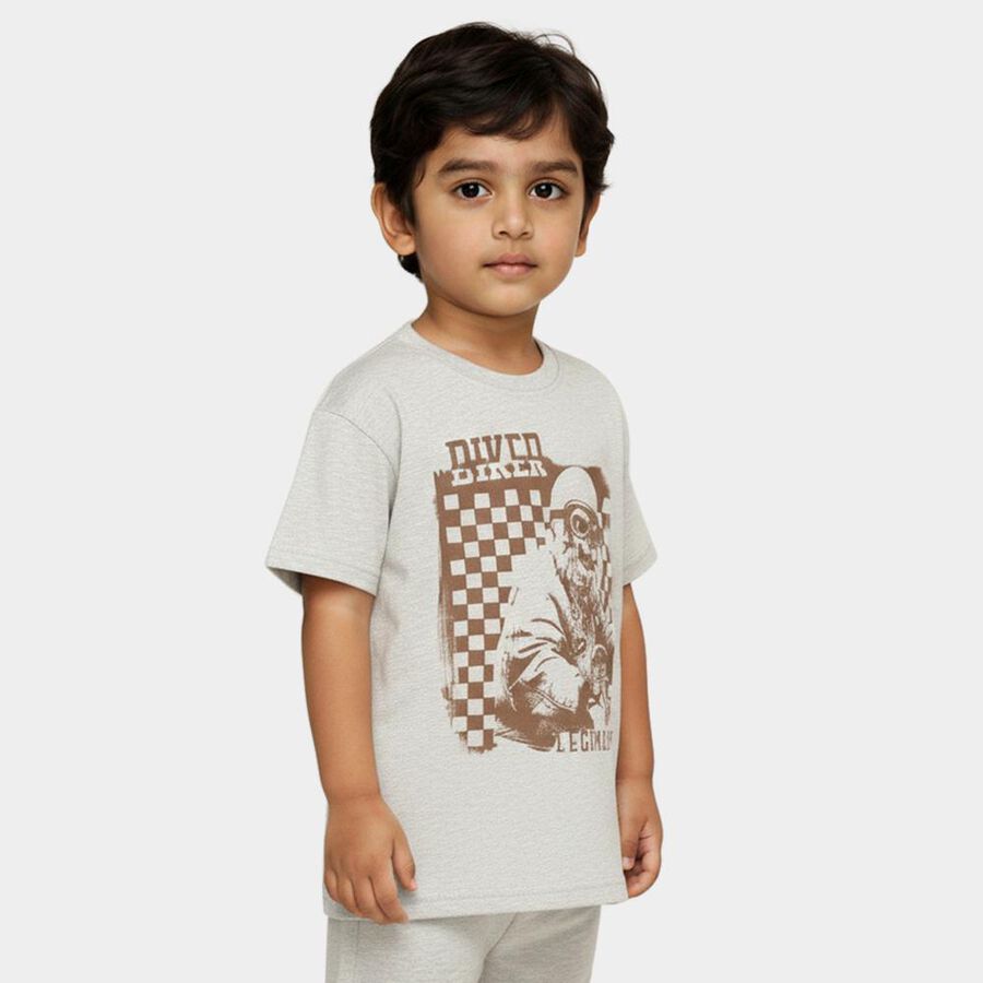 Boys Light Grey Cotton Blend Round Neck Casual T-Shirt, Ecru Melange, large image number null