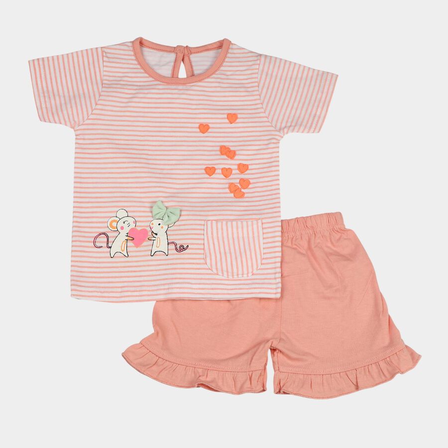Infants Peach Cotton Shorts Set, Peach, large