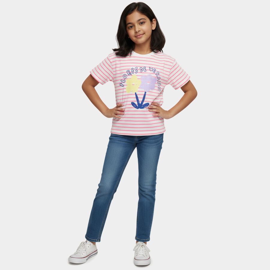 Girls White Cotton Round Neck Casual T-Shirt, White, large