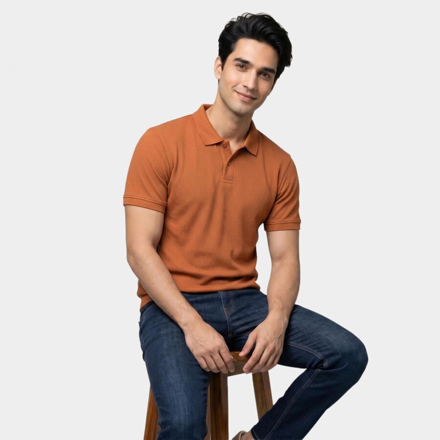 Men's Rust Polo Neck Solid Polo T-Shirt, रस्ट, large