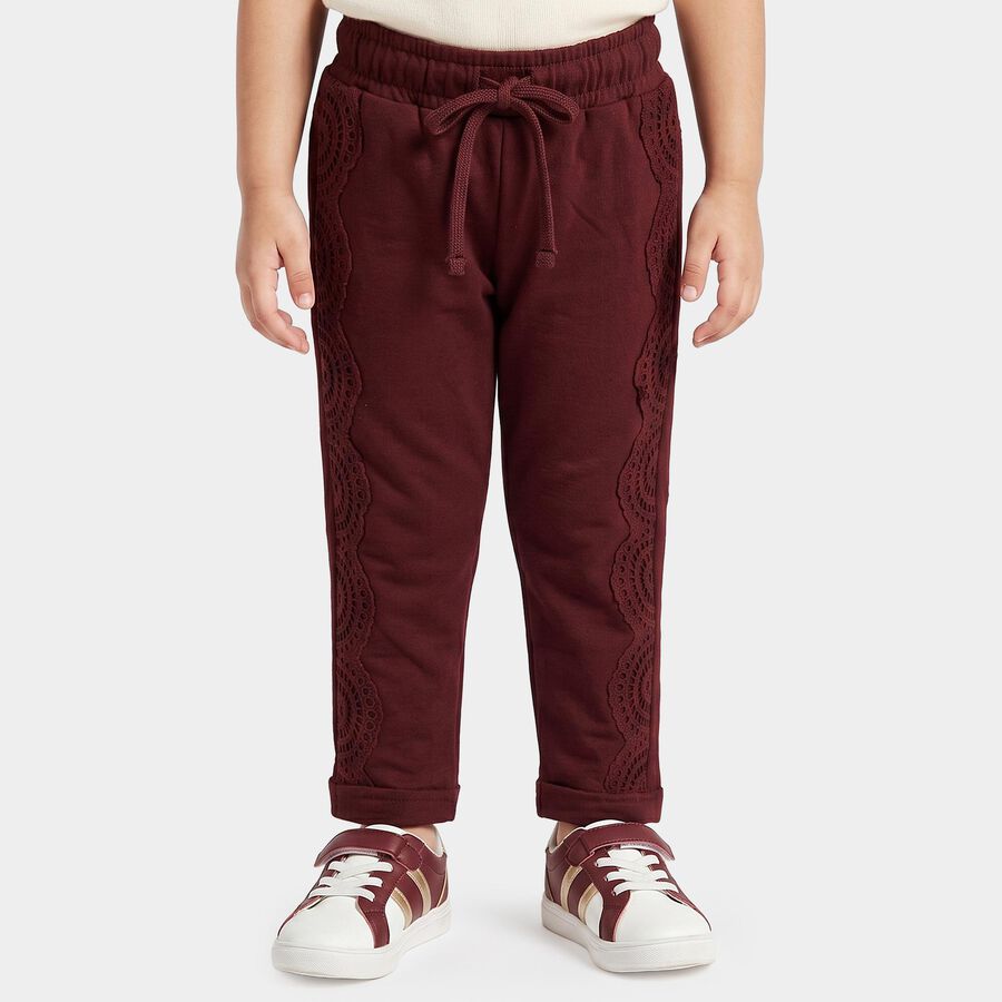 Girls' Wine Straight Fit Lace Panel Cotton Pyjama, वाइन, large