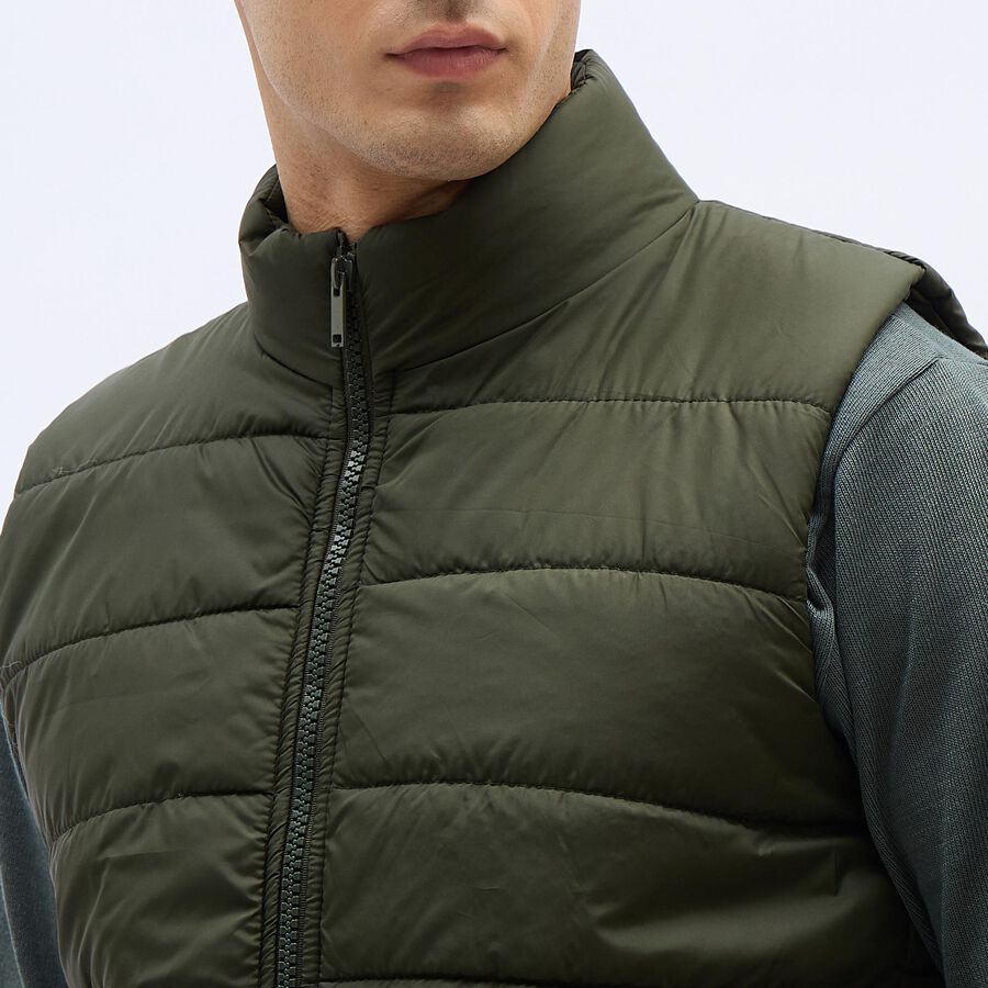 Men's Dark Olive High Neck Sleeveless Jacket, गहरा हरा, large image number null