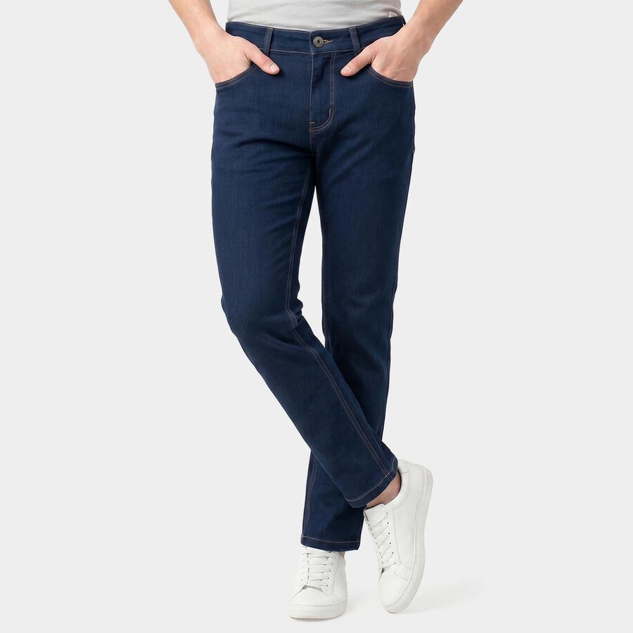 Men's Navy Blue Slim Fit Classic Jeans, गहरा नीला, large