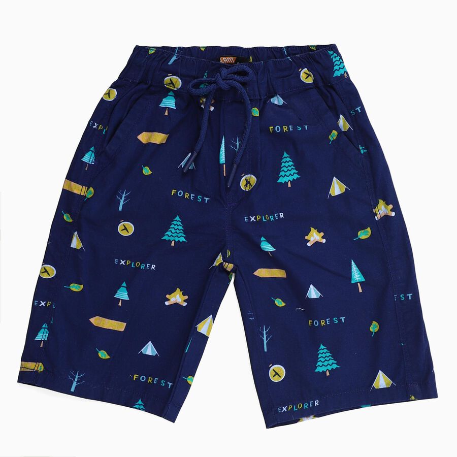 Boys Navy Blue Forest Print Cotton Jamaican Shorts, Navy Blue, large image number null