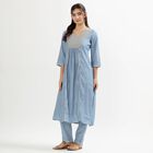 Women's Muted Powder Blue V-Neck Embroidered Flared Kurta, मध्यम नीला, small image number null