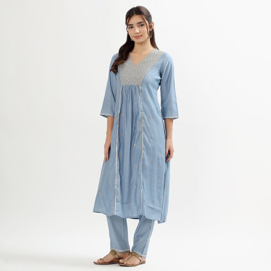 Women's Muted Powder Blue V-Neck Embroidered Flared Kurta, मध्यम नीला, large image number null