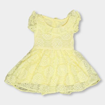 Infants' Soft Lemon Yellow Floral Lace Round Neck Party Frock