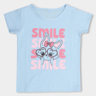 Kids' Light Powder Blue Cotton Blend Round Neck Casual T-Shirt