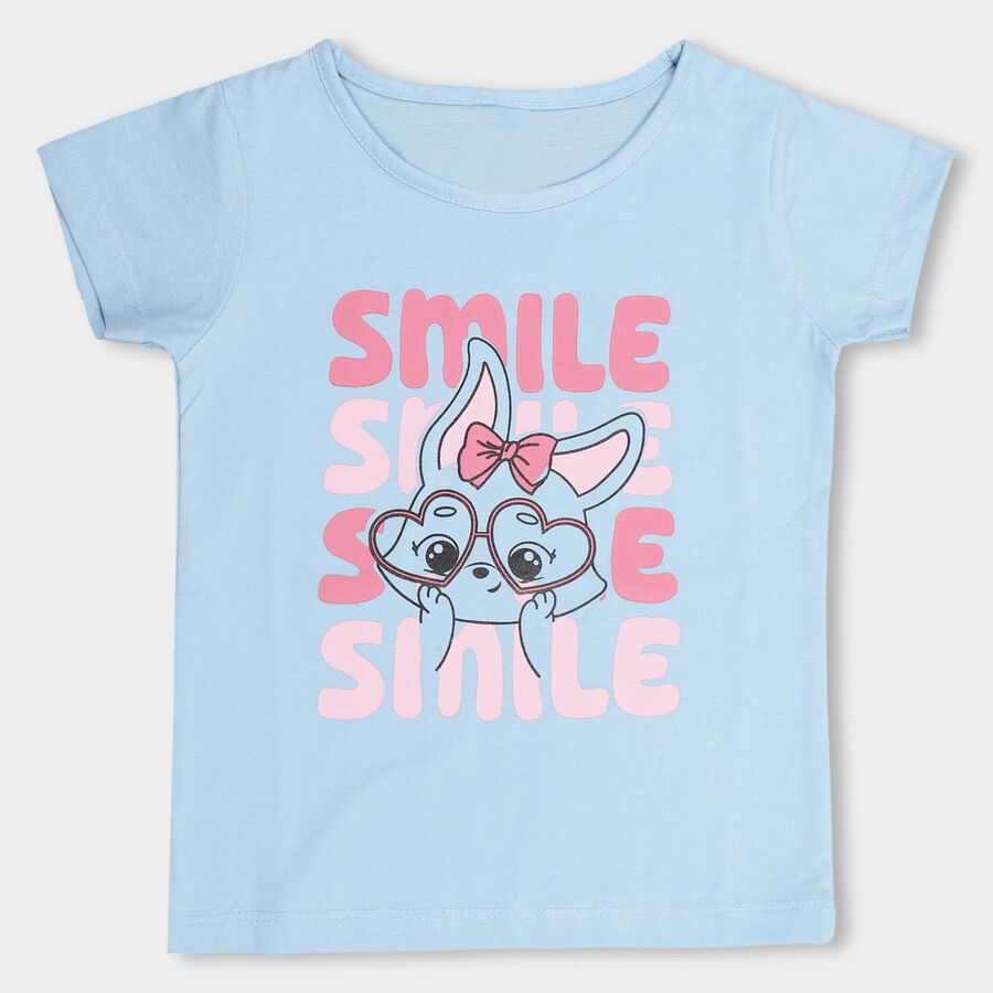 Kids' Light Powder Blue Cotton Blend Round Neck Casual T-Shirt, Light Blue, large image number null