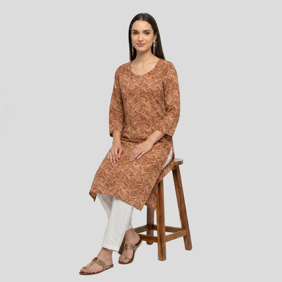 Women's Brown Solid Straight Kurta, भूरा, large
