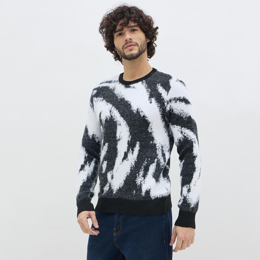 Men's Black and White Crew Neck Casual Pullover, Black, large image number null