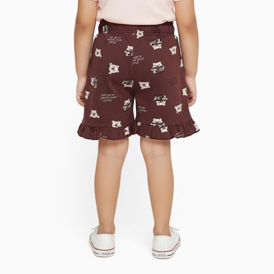 Girls' Deep Maroon Printed Ruffle Hem Cotton Shorts, Light Pink, large image number null