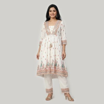 Women's White V-Neck Printed Flared Kurta