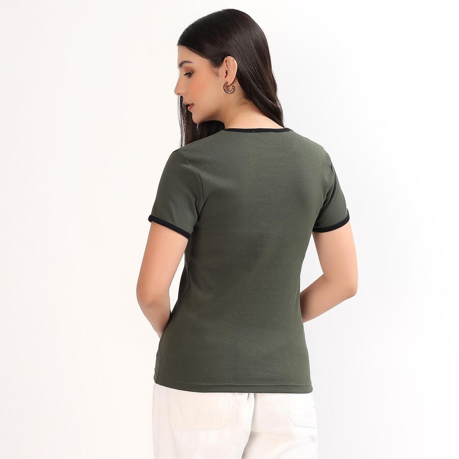 Women's Dark Olive Green Cotton Round Neck Casual Top, गहरा हरा, large