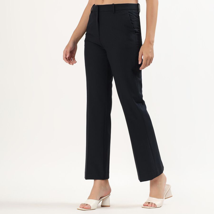 Women's Jet Black Straight Fit Mid-Rise Trousers, नेवी ब्लू, large image number null