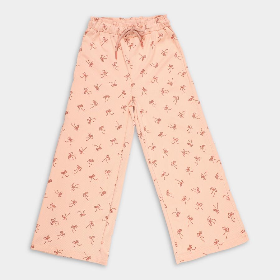 Girls' Soft Peach Bow Print Elastic Waist Pyjama, पीच, large image number null