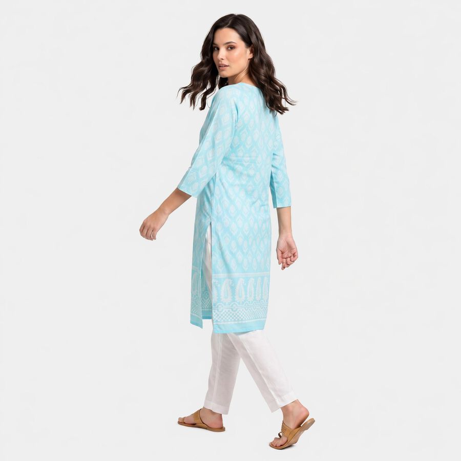 Women's Light Blue Round Neck Printed Straight Kurta, हल्का नीला, large
