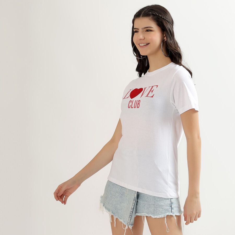 Women's Bright White Round Neck Casual T-Shirt, White, large