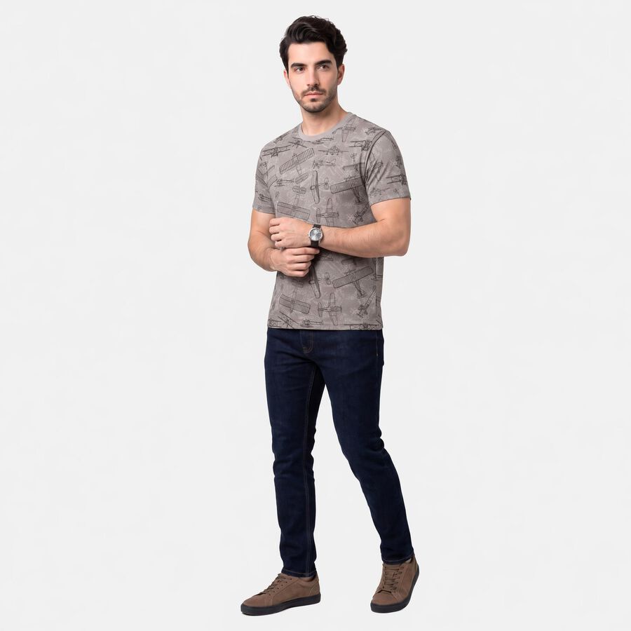 Men's Grey Round Neck Graphic Print Regular T-Shirt, हल्का ग्रे, large
