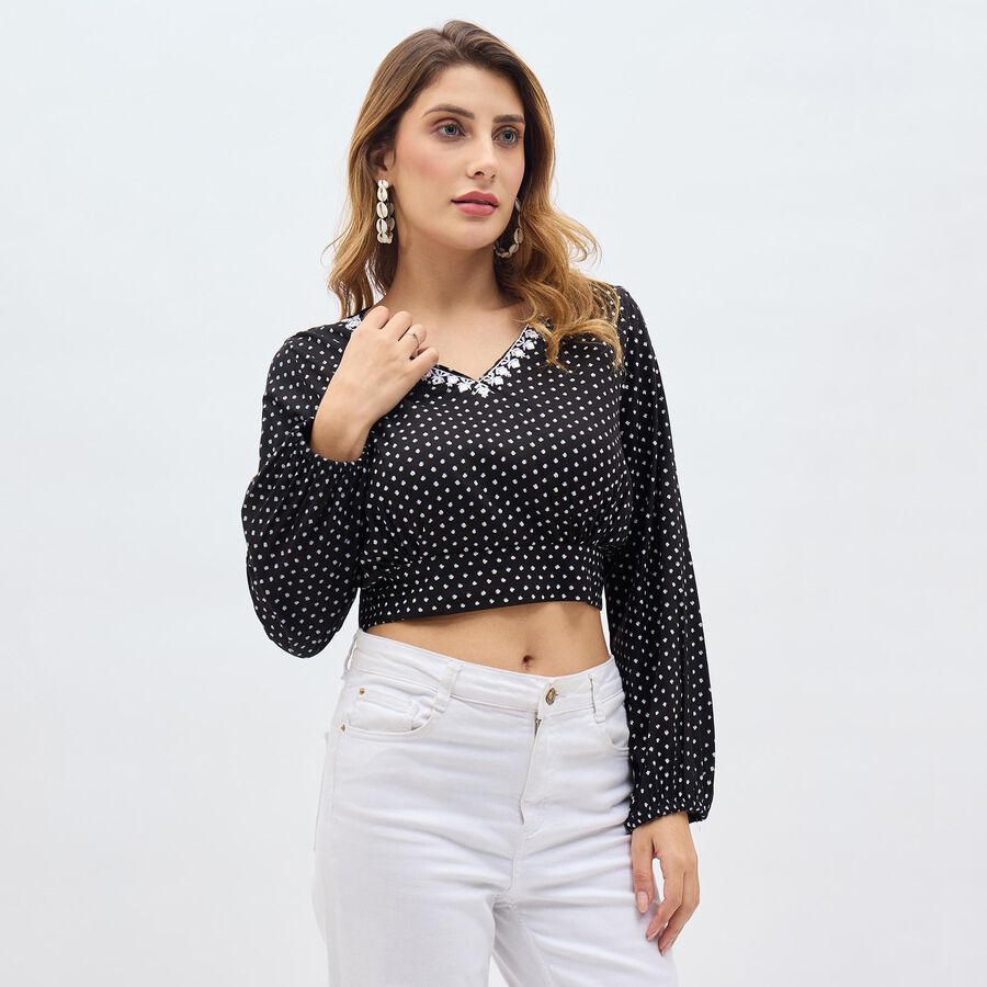 Women's Jet Black V-Neck Polka Dot Kurti, काला, large image number null