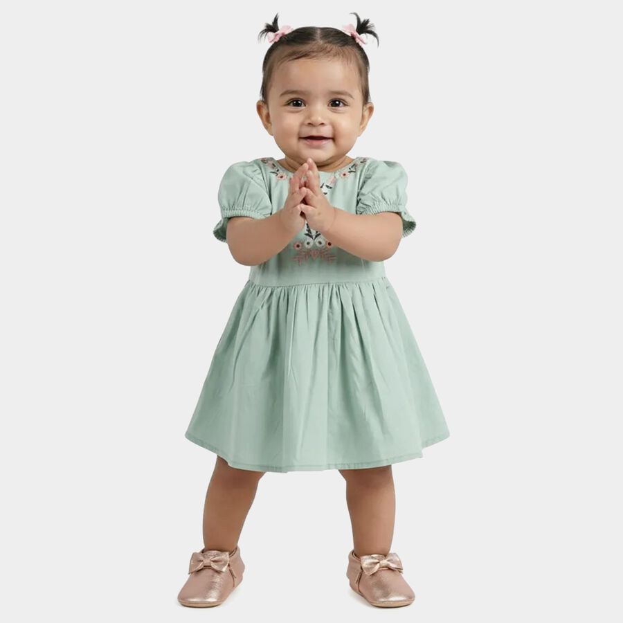 Infants' Aqua Cotton Puff Sleeve Embroidered Fit and Flare Frock, Aqua, large