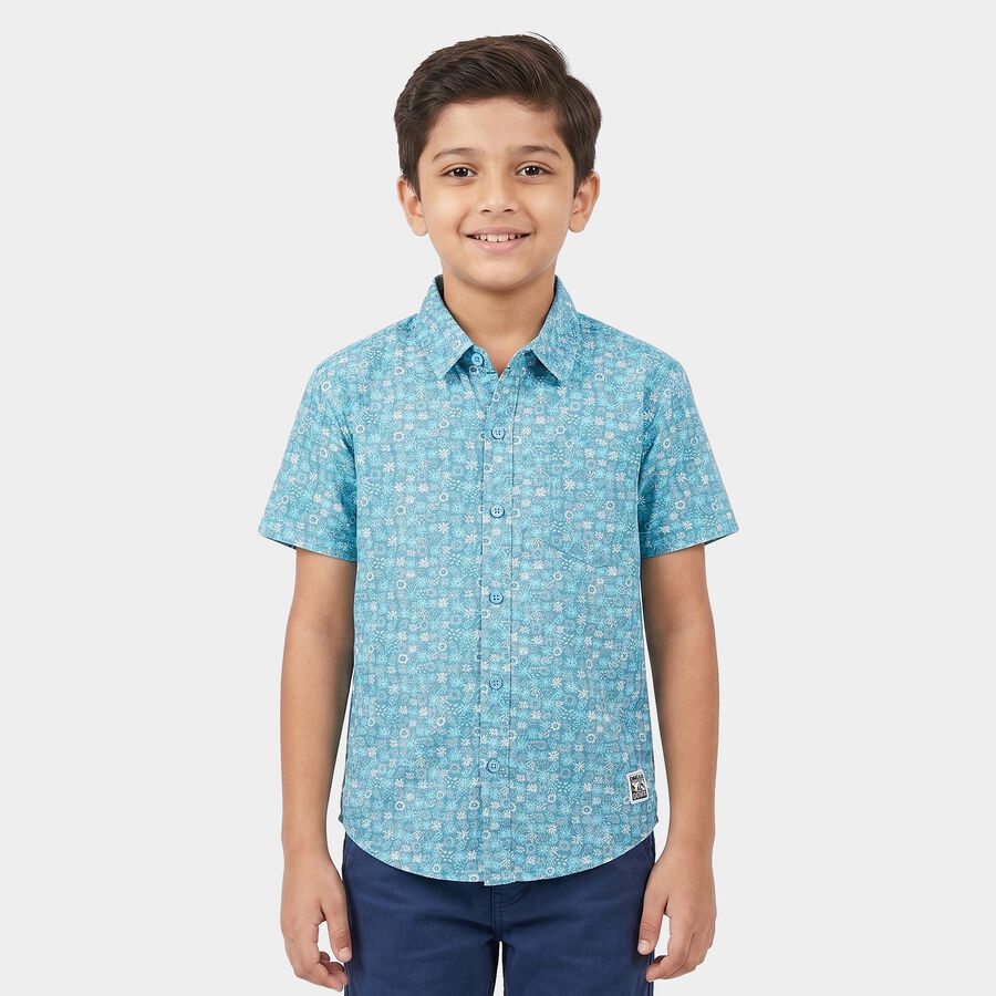Boys Light Blue Floral Regular Fit Casual Shirt, Light Blue, large