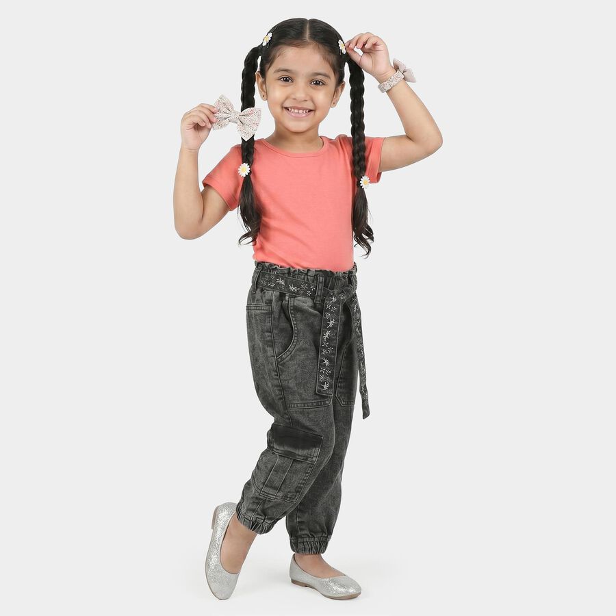 Girls' Black Jogger Fit Embroidered Belt Cargo Jeans, Black, large