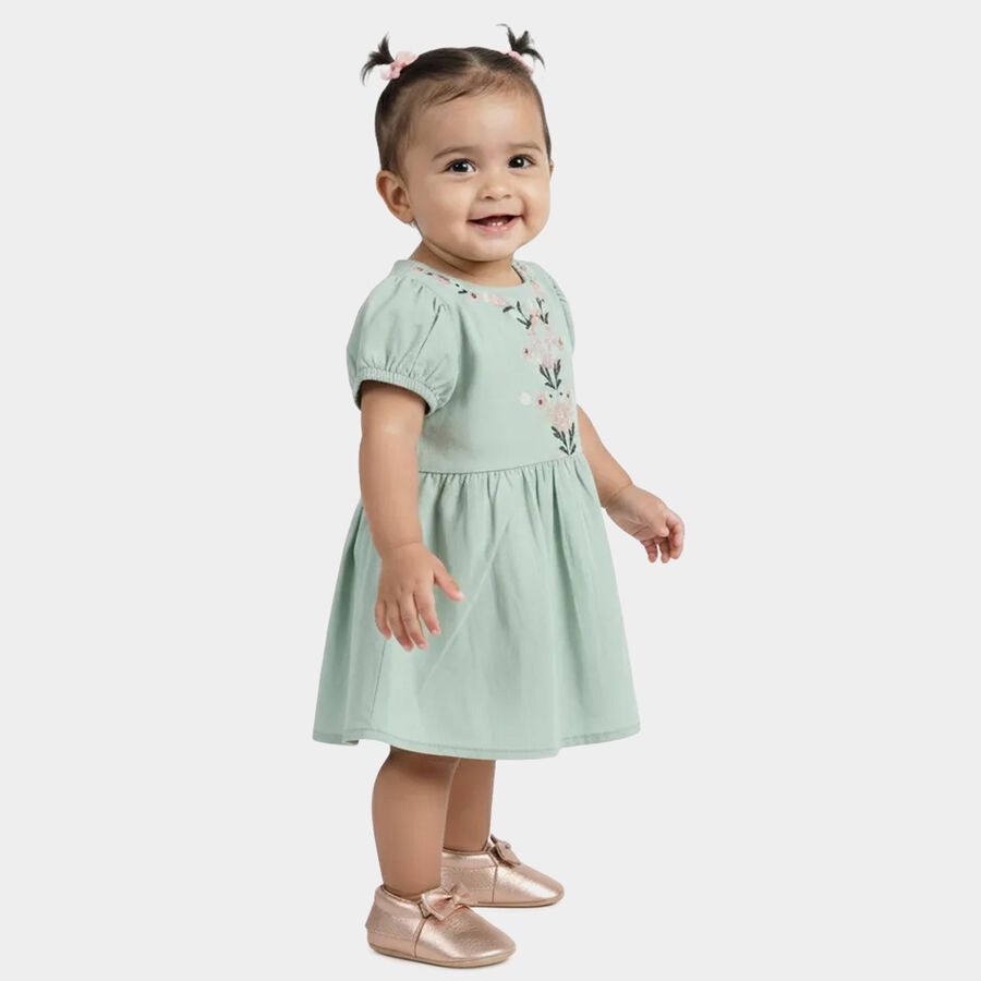Infants' Aqua Cotton Puff Sleeve Embroidered Fit and Flare Frock, Aqua, large