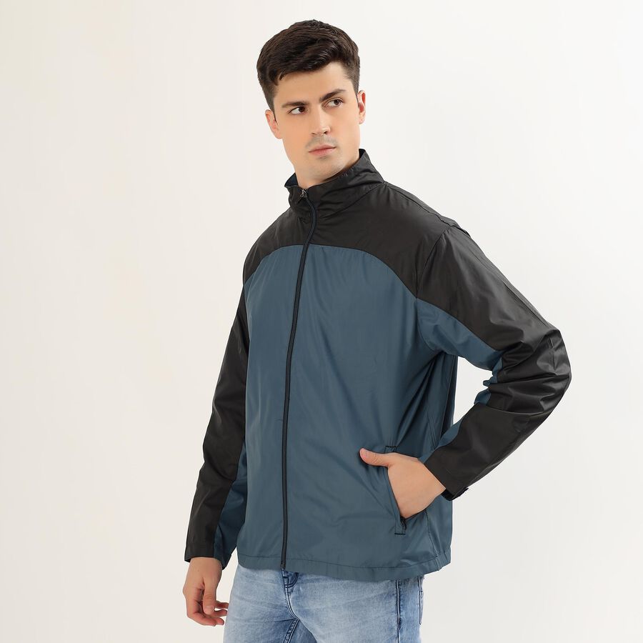 Men's Muted Steel Blue and Jet Black High Neck Casual Jacket, टील ब्लू, large image number null