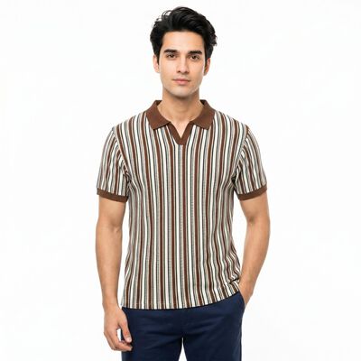 Men's Brown Polo Neck Striped T-Shirt
