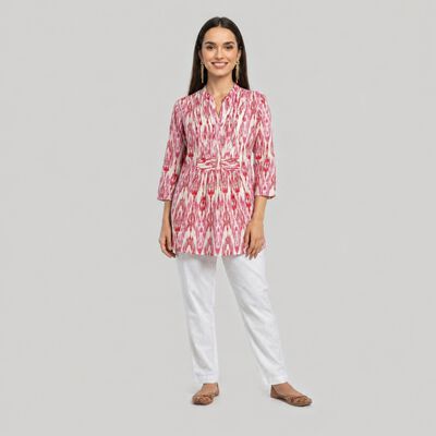 Women's Fuchsia Notch Neck Ikat Printed Kurti