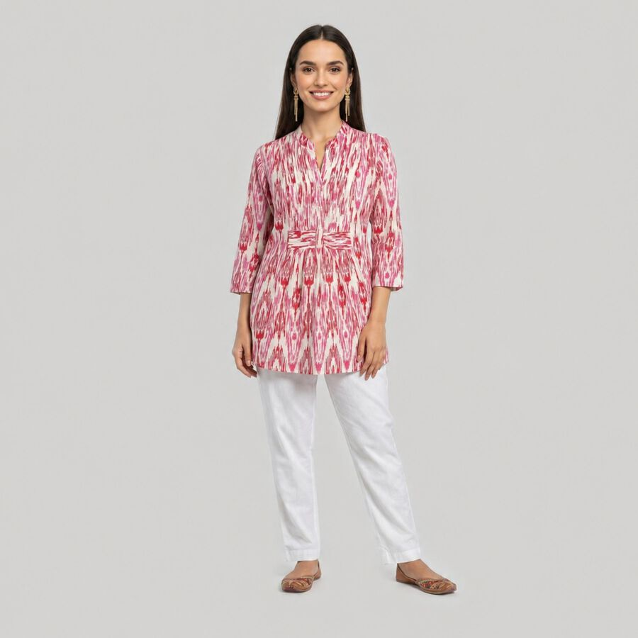 Women's Fuchsia Notch Neck Ikat Printed Kurti, Fuchsia, large