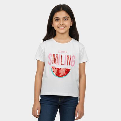 Girls White Cotton Round Neck Regular T-Shirt