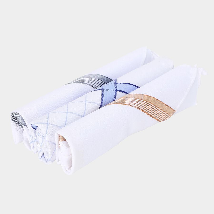 Men White Assorted Printed Pack of 3 Handkerchief, हल्का नीला, large
