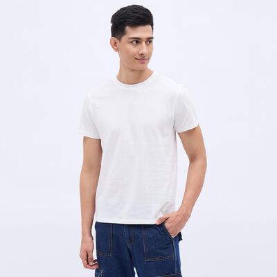 Men's Snow White Cotton Round Neck Tee Shirt