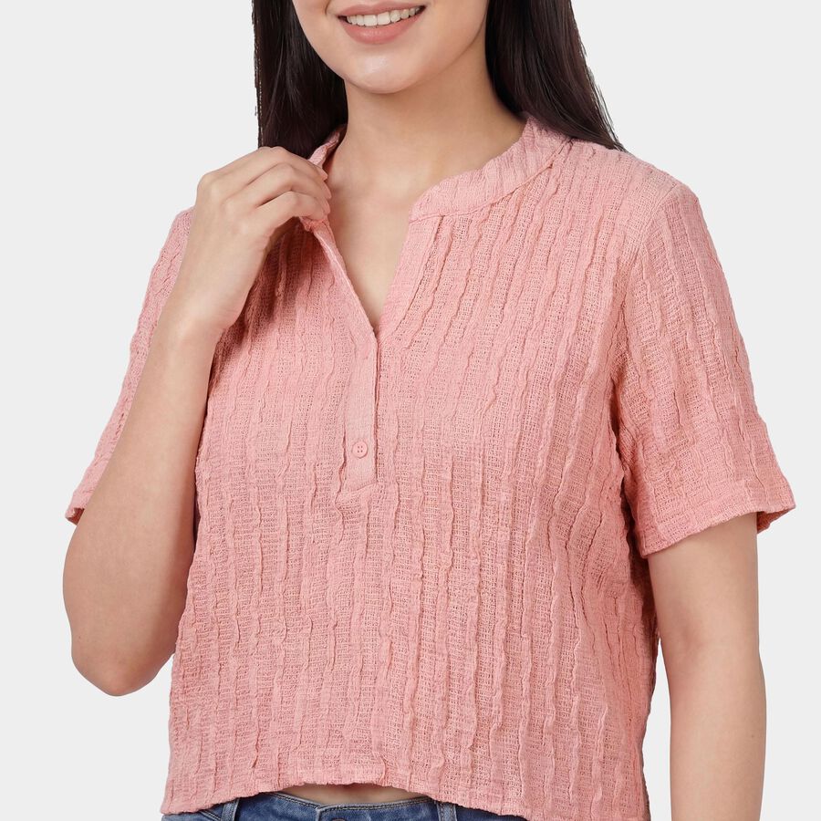 Women's Pink Round Neck Puff Sleeve Textured Top, Pink, large