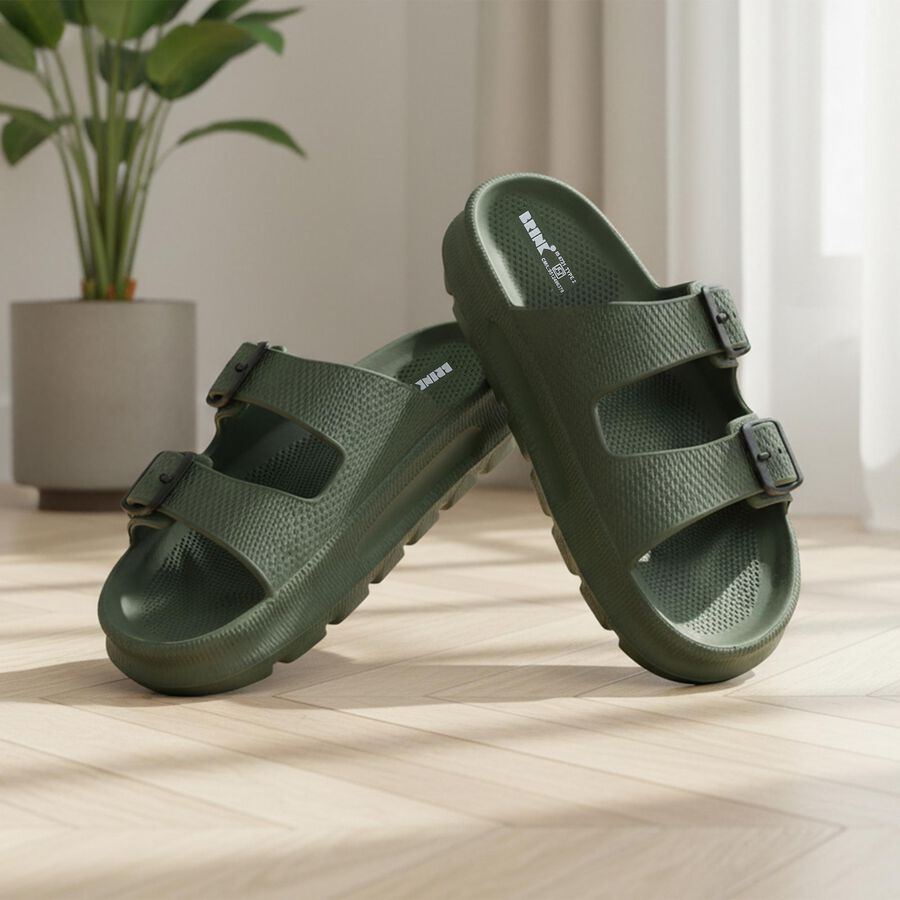 Men Olive Green Adjustable Buckle Sliders Slippers, Olive, large