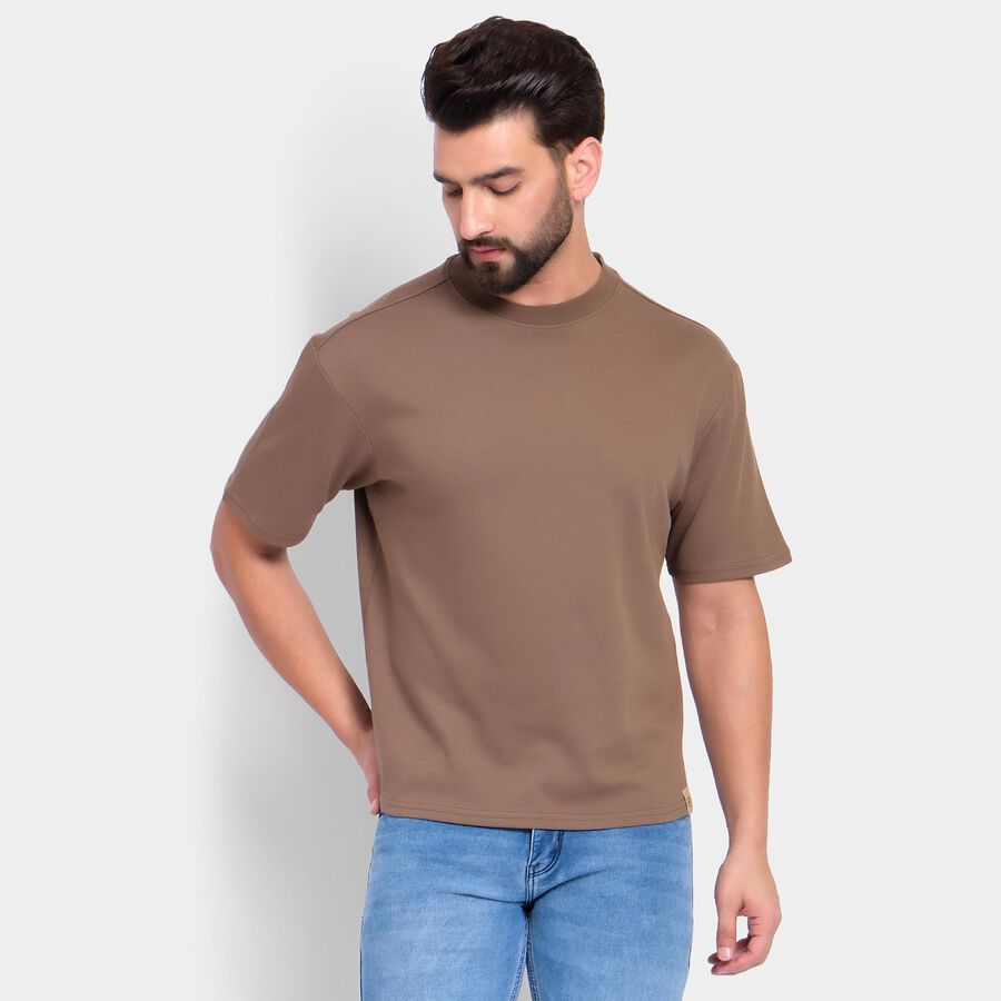 Men's Round Neck Half Sleeves T-Shirt , खाकी, large
