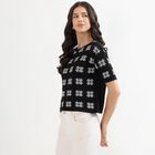 Women's Black Round Neck Casual Printed Top, Black, small