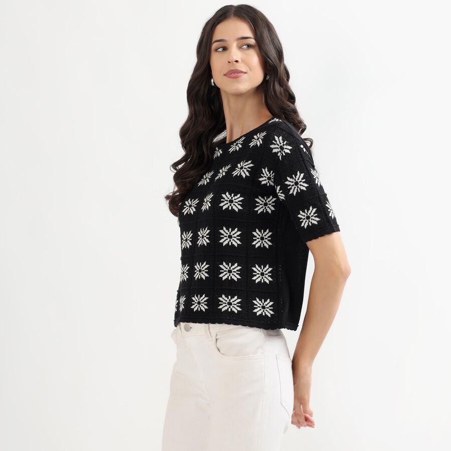 Women's Black Round Neck Casual Printed Top, Black, large