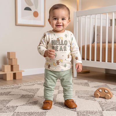 Infants' Mint Green 100% Cotton Round Neck Graphic Print Baba Suit