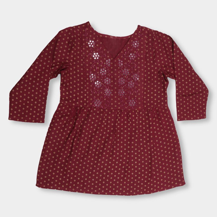Girls' Bright Coral Pink Round Neck 3/4 Sleeve Blouse, Wine, large image number null